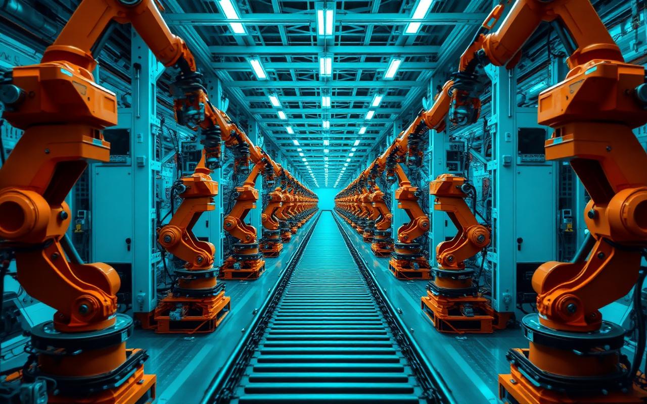 Symmetrical rows of orange industrial robotic arms flanking a conveyor on a modern factory floor