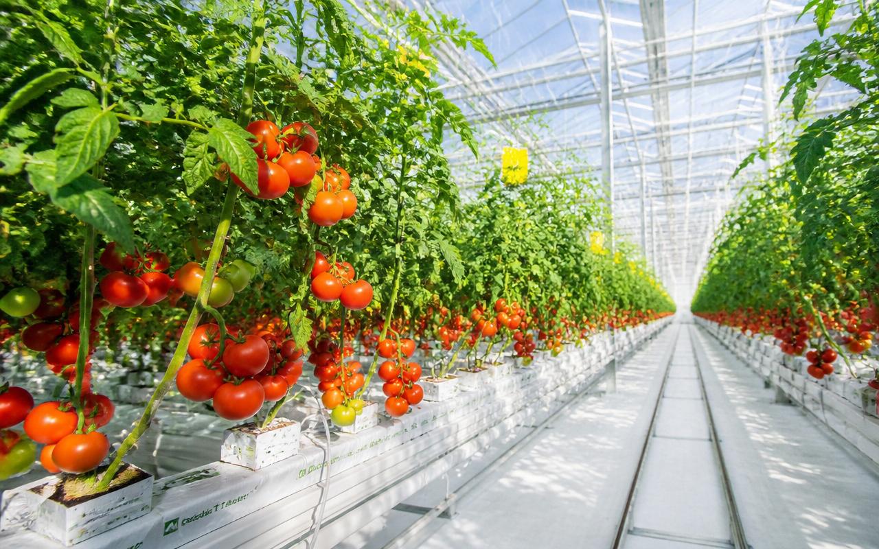 Bright sunlit commercial greenhouse with long rows of tomato plants heavy with ripe red tomatoes