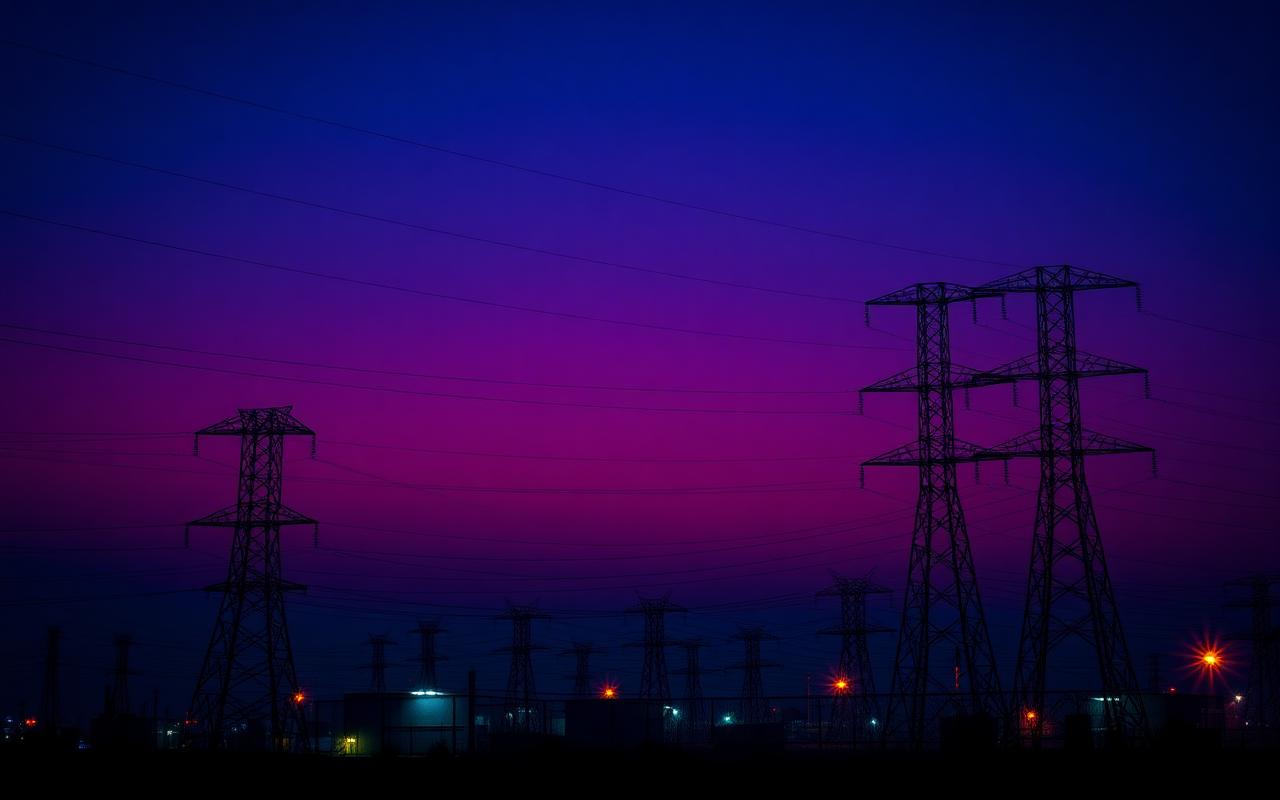 Silhouetted high-voltage transmission towers against a violet twilight sky